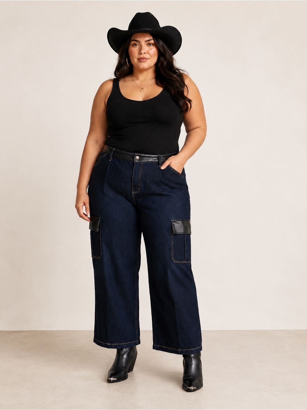 Peace Love World 22WP Luxe Faux Leather Trim Cargo Jeans Black Label Y2K Western